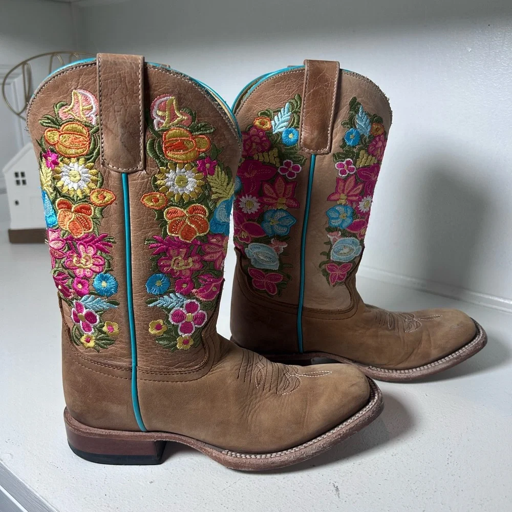 Macie Bean Girls Western Boots Size 2 Floral Embroidered Leather Cowgirl Boots - Picture 5 of 8
